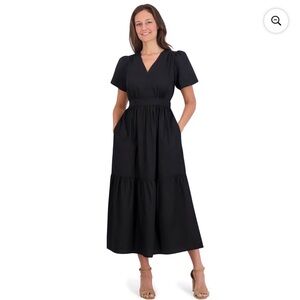 French Connection Black Midi Dress NWT XL 100% Cotton Puff Sleeve Pockets